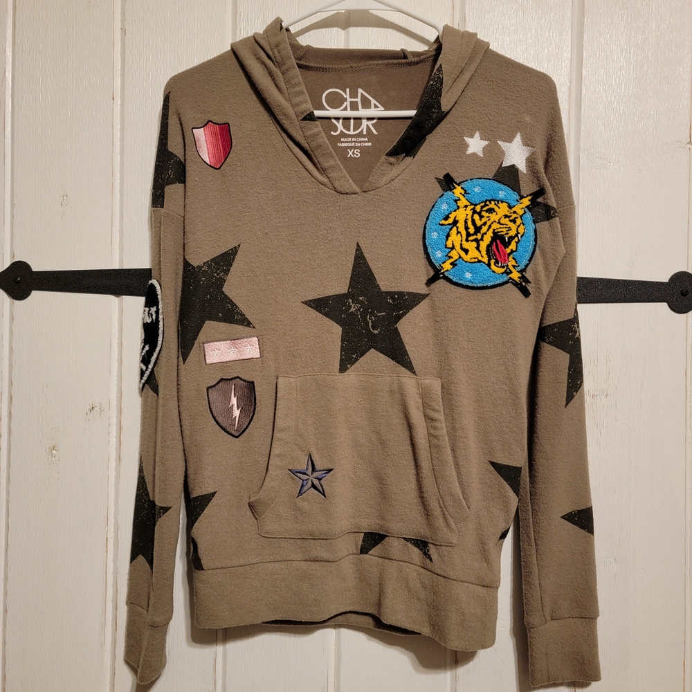 Chaser Womens Sweatshirt Hoodie Star Patch Pullover Beige Size XS